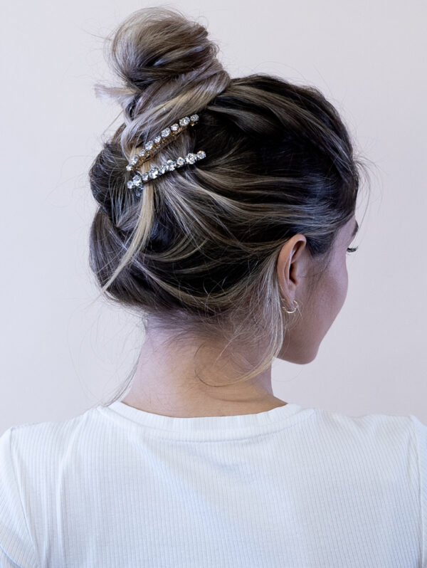 EVA - clip lunga per capelli con chiusura a scatto, base argento e cristalli crystal